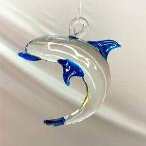 Dolphin Hand Blown Glass Clear & Blue Sun Catcher 2-5/8” x 3” Hanging Ornament